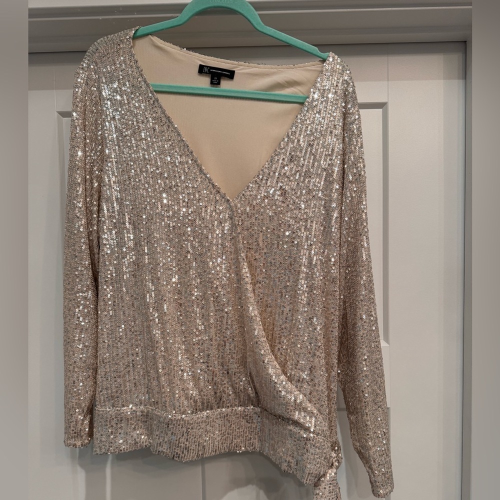 INC International Concepts Gold Sequin Asymmetrical Blouse 3/4 Sleeve